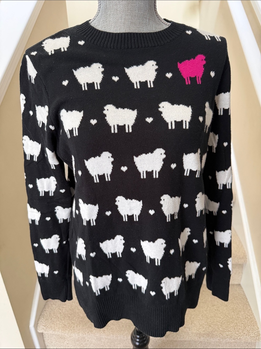 Charter Club Black Sweater with White Sheep and one Pink Accent sheep. Size L.